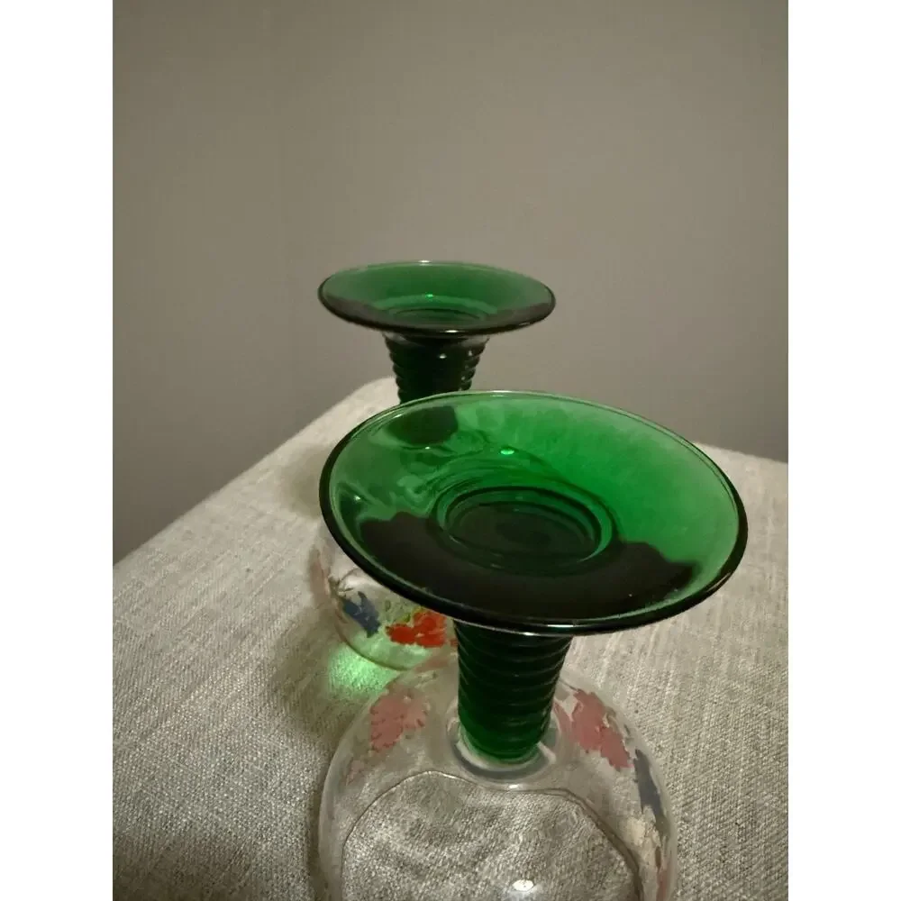 Vintage Hand-Painted Floral Goblets Green Stem Gold Rim Set of 2 – 5.5